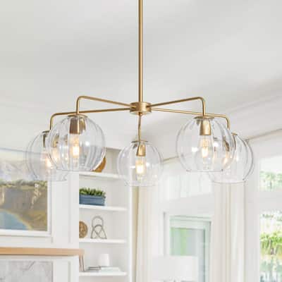5-Light Modern Linear Clear Glass Sphere Chandelier for Dining Room - 33.5 in