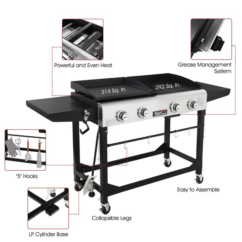 Royal Gourmet 4-Burner Portable Grill and Griddle Combo, with Cover