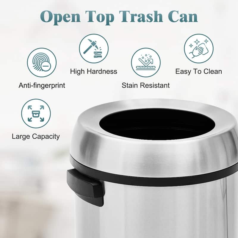 65L/17Gal Open Top Trash Can, Heavy Duty Stainless Steel Rubbish Bin
