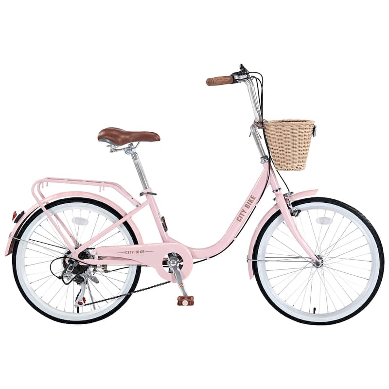 7 Speed City Bike With Basket,Steel Frame,Multiple Colors 22 Inch Girls Bicycle