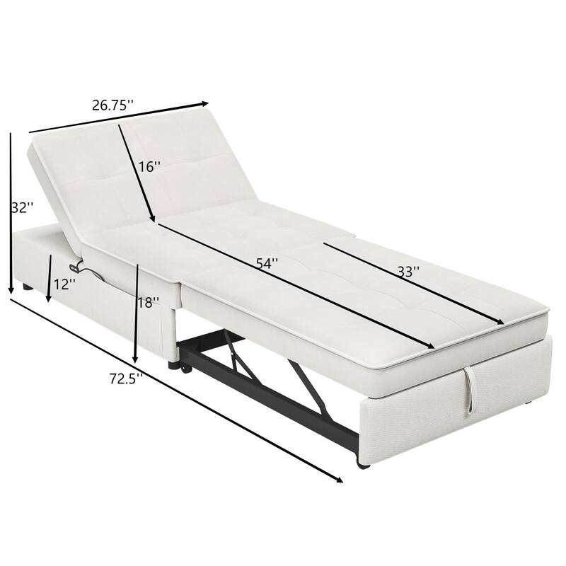 Roomfitters 4-in-1 Sofa Bed Chair with Folding Ottoman, Storage Pocket & USB Port, Multi-Function Sleeper, White