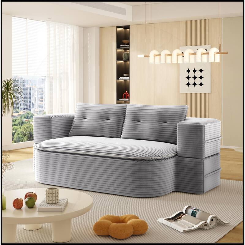 78.7 " W 2-in-1 Plush Corduroy Foldable Sofa - Light Grey