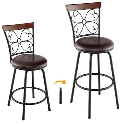 2 Pieces 24-30 Inch Adjustable PU Cushioned Swivel Barstools-Brown - 18" x 16" x 42.5" (L x W x H)