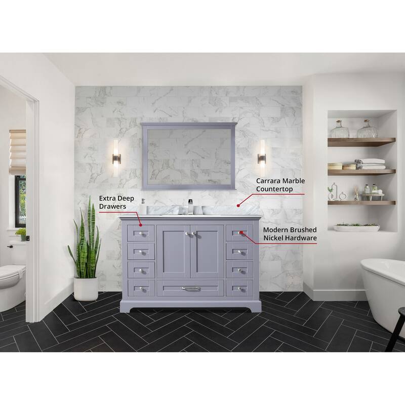 Dukes 48 in. W x 22 in. D Dark Grey Double Bath Vanity, Carrara Marble Top, Faucet Set, 46 in. Mirror