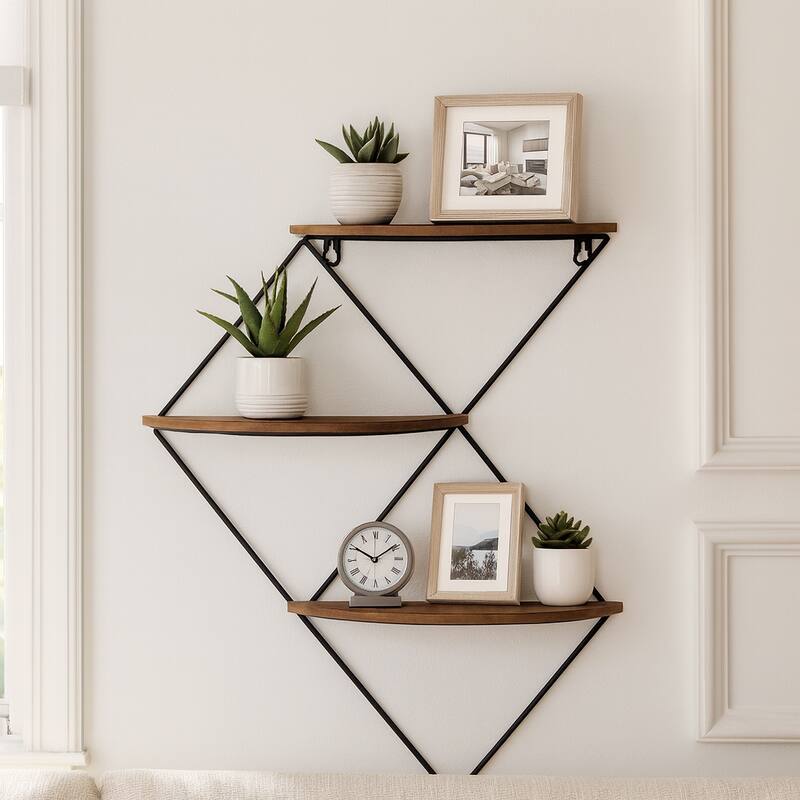 Metal Wood 3-tier Diamond Wall Shelf - Brown, 21" - 21.0"
