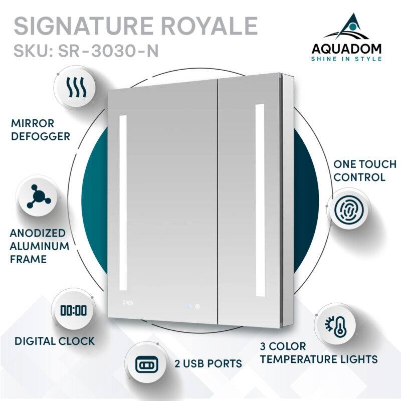 AQUADOM Signature Royale 30W LED Medicine Cabinet Defogger, 3X LED Vertically Adjustable Magnifying Mirror, Electrical Outlets