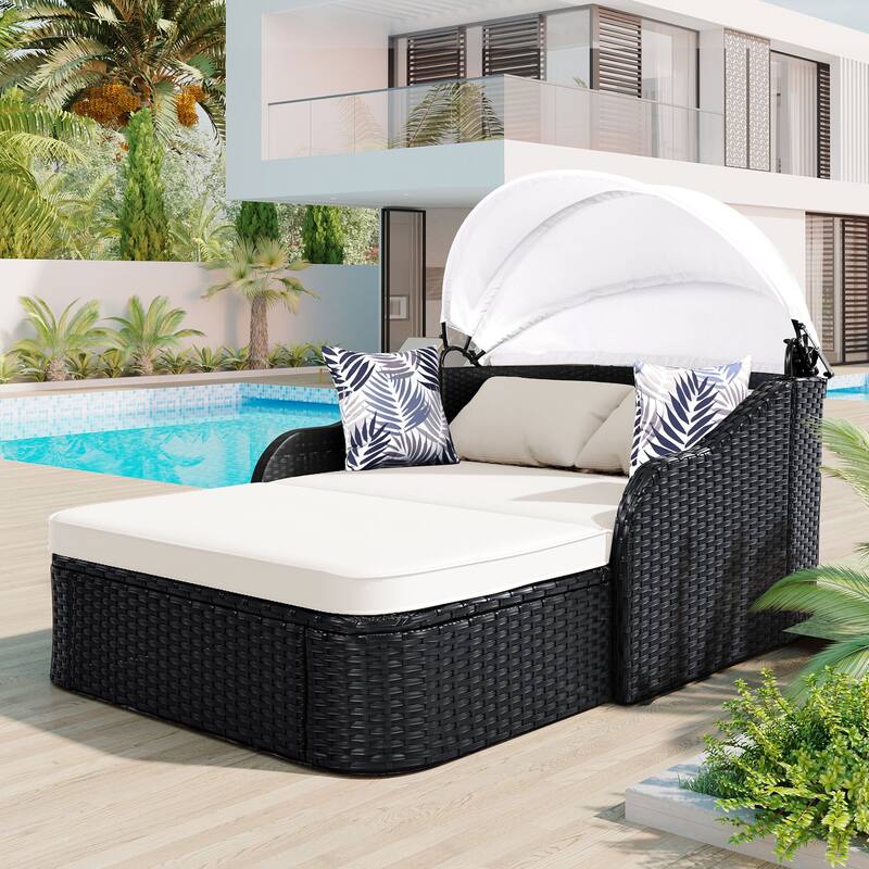 79.9" Outdoor Patio Sunbed, 2 Seater Lounge Chaise with Adjustable Canopy, All Weather PE Rattan Daybed with Removable Cushions
