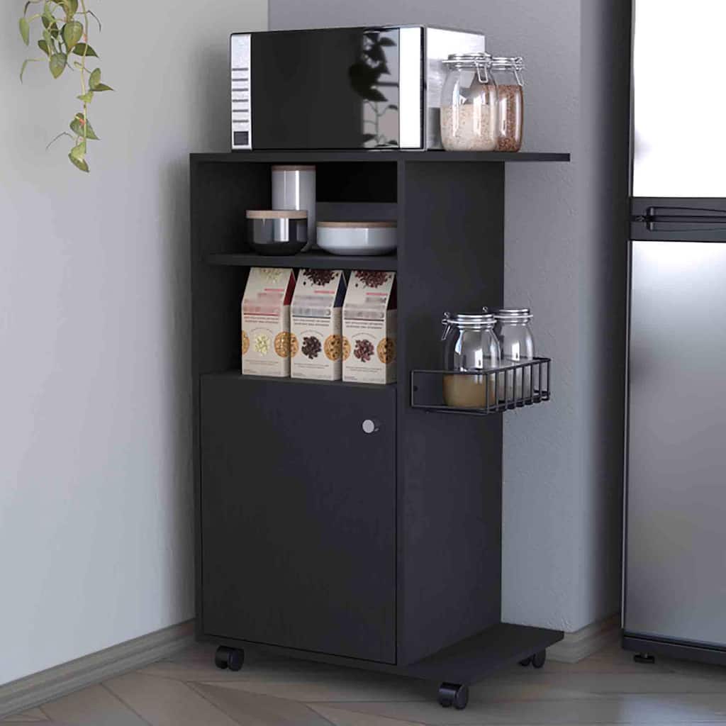 Compact Kitchen Cart with One Door Cabinet, Four Rolling Casters, and Microwave Countertop - Black Finish