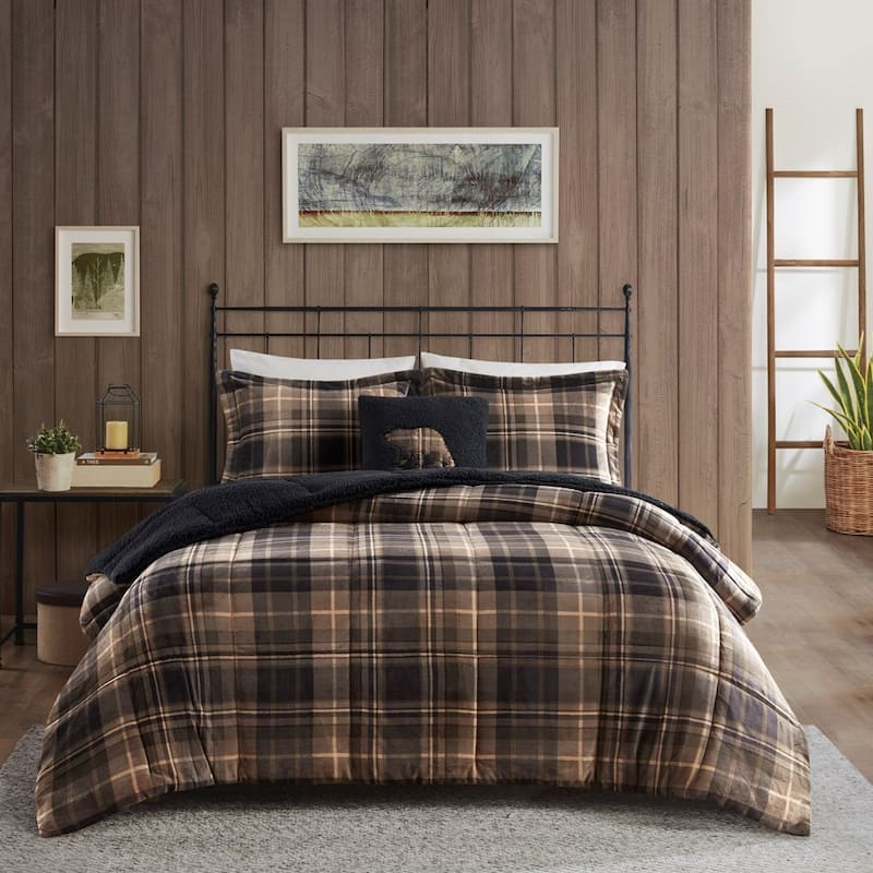 GDF Studio - Alton Plush to Sherpa Down Alternative Comforter Set - Beige Plaid - Beige Plaid (King)