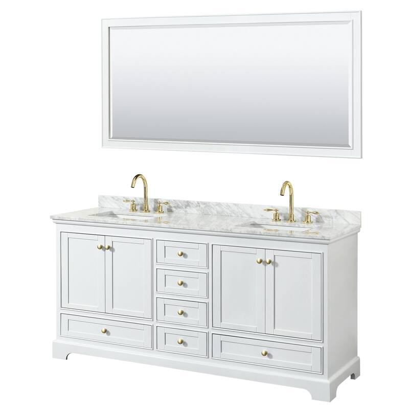 Wyndham Collection Deborah 72" Free Standing Double Vanity Set with - White / White Carrara Marble Top / Brushed Gold