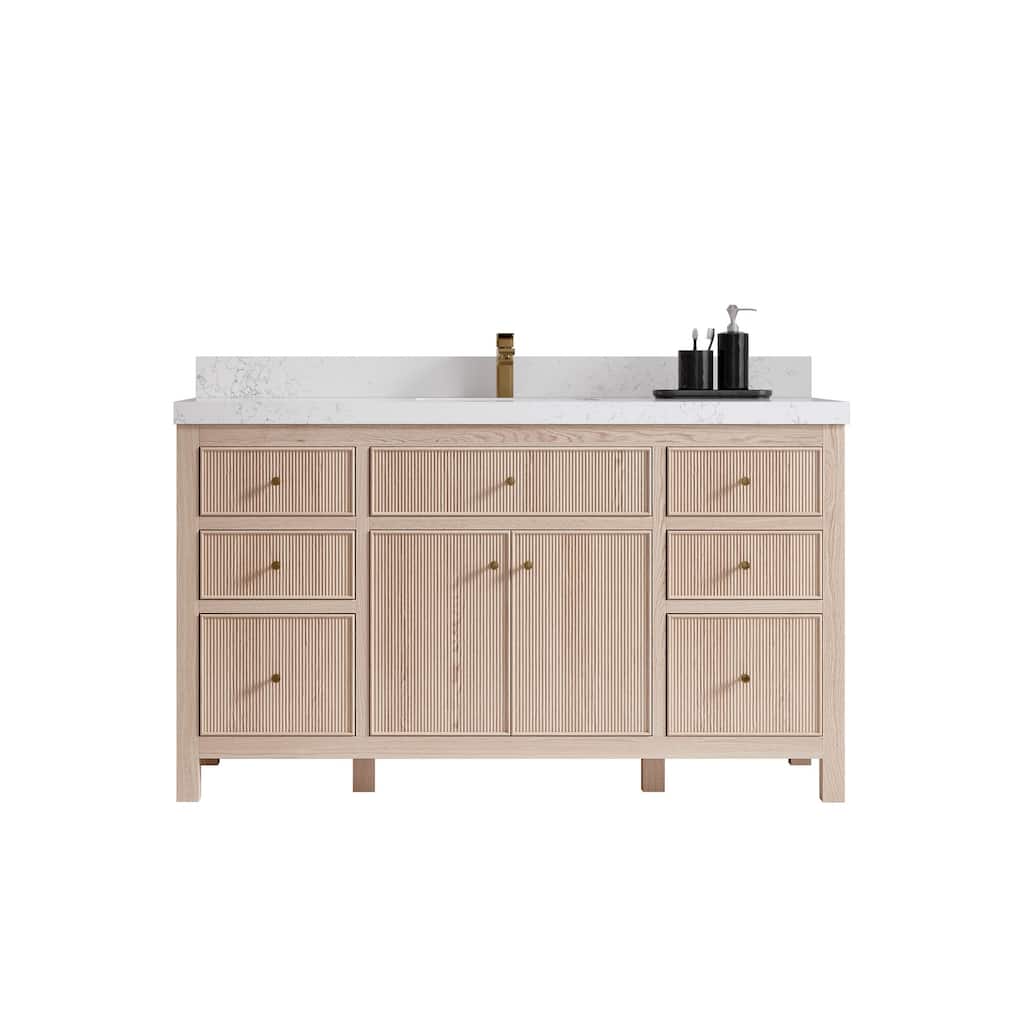 Willow Collections 60 x 22 Sonoma White Oak Wood Single Sink Bathroom Vanity with Quartz or Marble Countertop