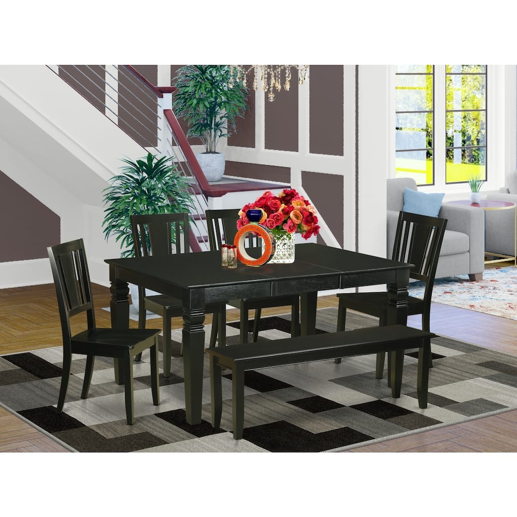 HomeStock 6-Piece Rectangle Black Finish Solid Wood Top dining Table with 1 Bench and 4 Chairs with Lattice Back