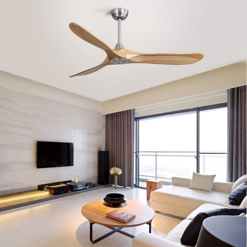 60" Outdoor Ceiling Fan Without Light, 3 Solid Wood Blade with DC Motor Remote Control - Brushed Nickel