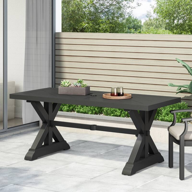 Roomfitters Outdoor Aluminum Dining Table with Woven Slat Design and Umbrella Hole, Antique Matte Black Finish