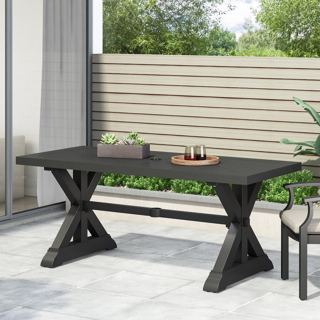 Roomfitters Outdoor Aluminum Dining Table with Woven Slat Design and Umbrella Hole, Antique Matte Black Finish