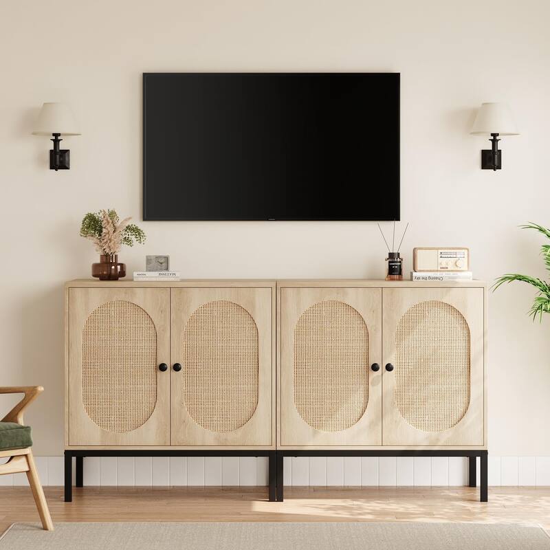 Rattan Buffet Cabinet with Natural Rattan Doors, Sideboard Storage Cabinet with Adjustable Shelf
