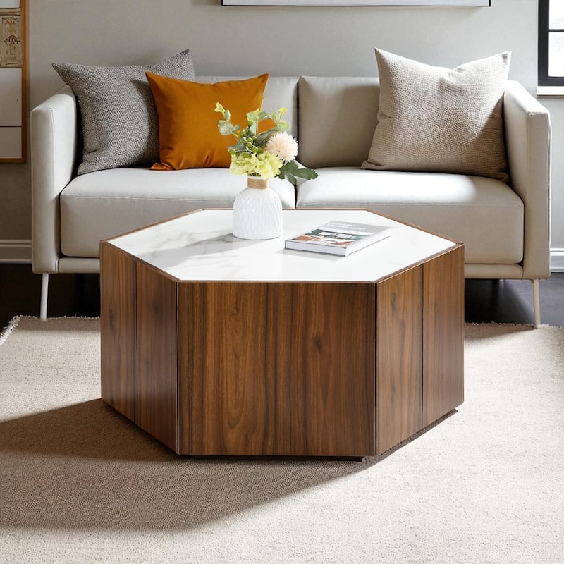 Hexagonal Rustic Coffee Table with Textured Marble Top, 2 Hidden Drawers, Light Brown Oak Finish, MDF - White Walnut