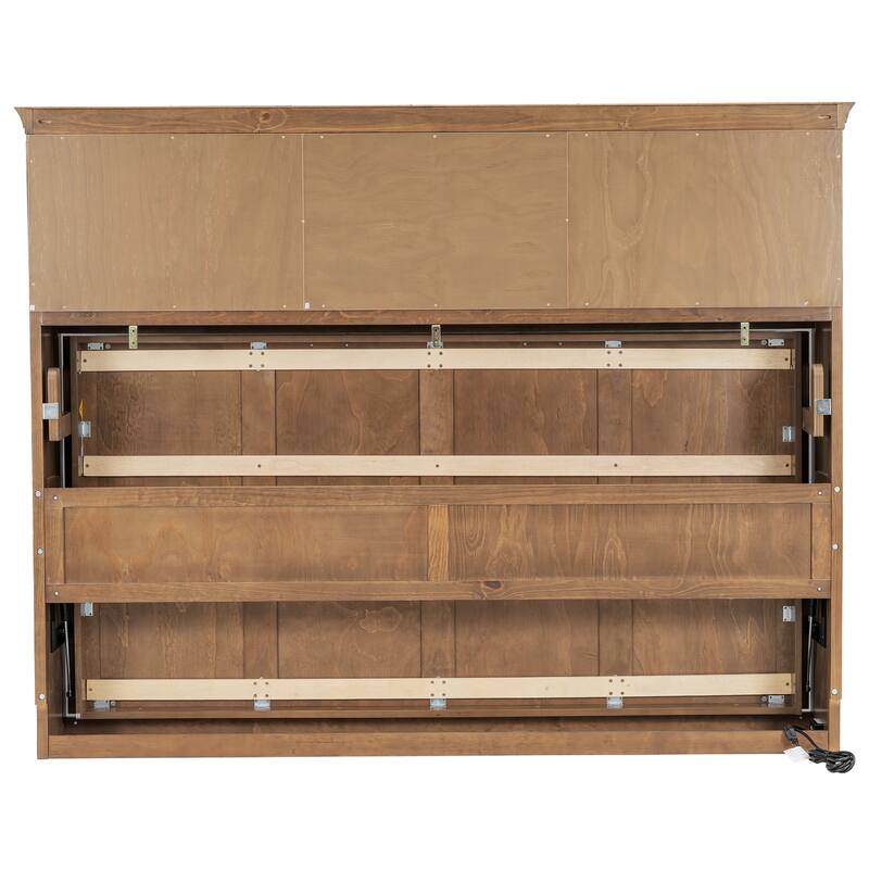 Solid Pine Murphy Bed Chest with Charging Station, Twin Size Murphy Wall Bed, Foldable Platform Bed Frame with Drawer