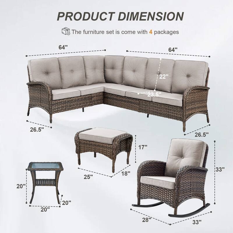 Gymojoy Outdoor Sectional Sofa Set with Rocking Chairs, Ottomans, Water-Resistant Cushions