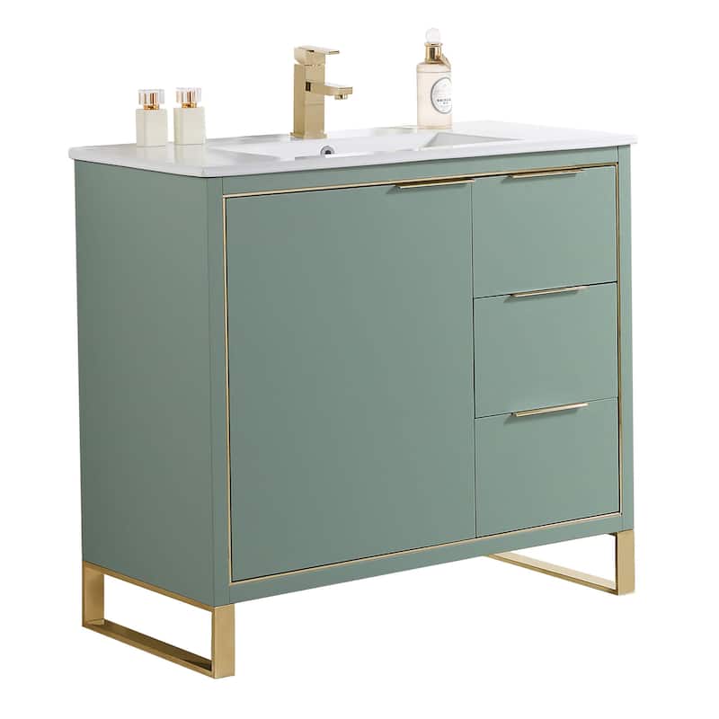 Fine Fixtures Opulence Collection Bathroom Vanity with White Ceramic Sink - 36 Inch - Mint Green - Satin Brass Hardware