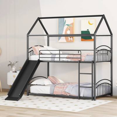 Black Twin over Twin Size Metal Bunk Bed With Slide, Roof, Fence and Ladder for Bedroom