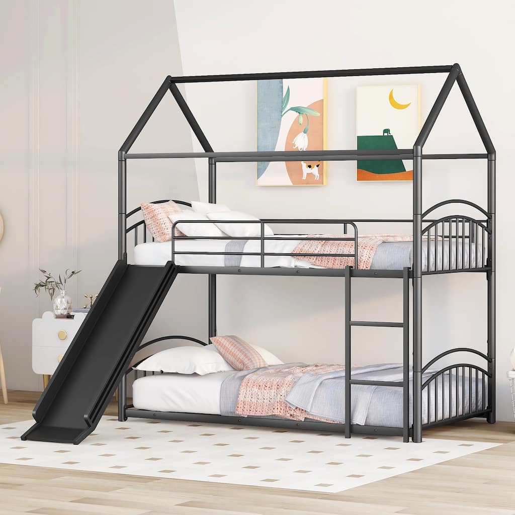 Twin Over Twin Metal Bunk Bed with Slide, Kids House Bed in Black