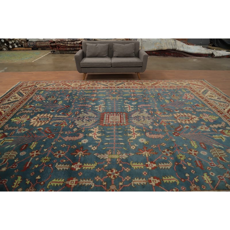Hand Knotted Oriental 100% Wool Carpet Transitional All-Over Navy Blue & Blues Oushak Area Rug - 14' 8'' X 11' 10''