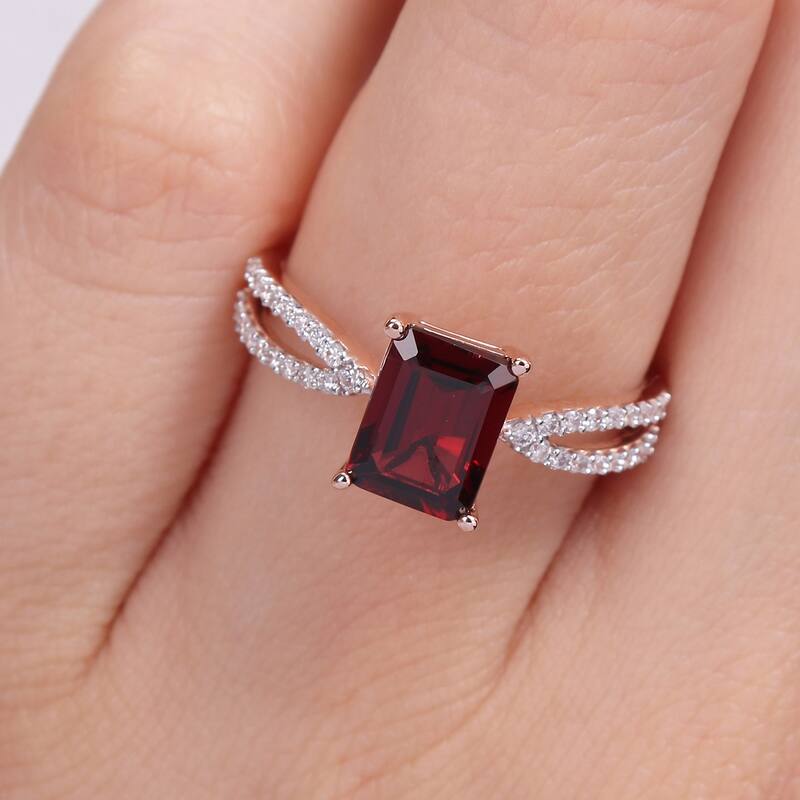Miadora Octagon-cut Garnet and 1/5ct TDW Diamond Split Shank Cocktail Ring in 14k Rose Gold