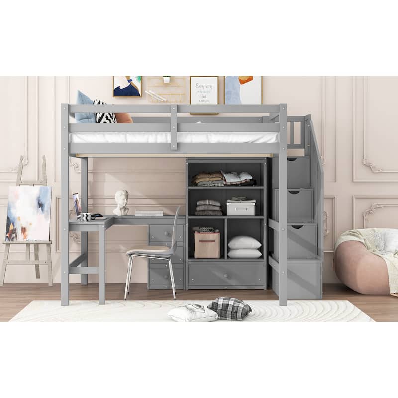 Full Size Loft Bed with L-Shaped Desk, Drawers, Cabinet, and Storage Staircase, Gray