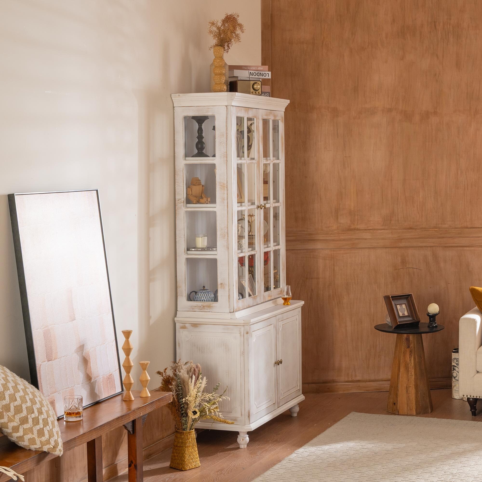 77.5'' Tall Vintage Display Cabinet with Double Glass Doors