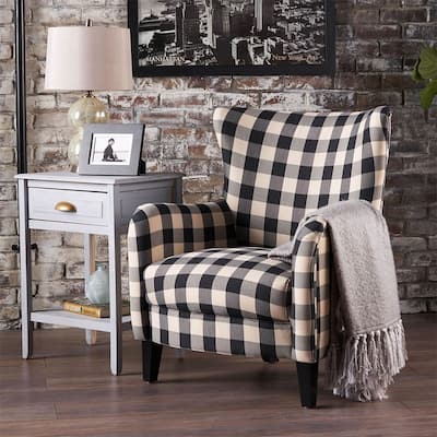Curved Fabric Upholstered Club Chair Black Checkerboard Pattern - 30" x 36.25"