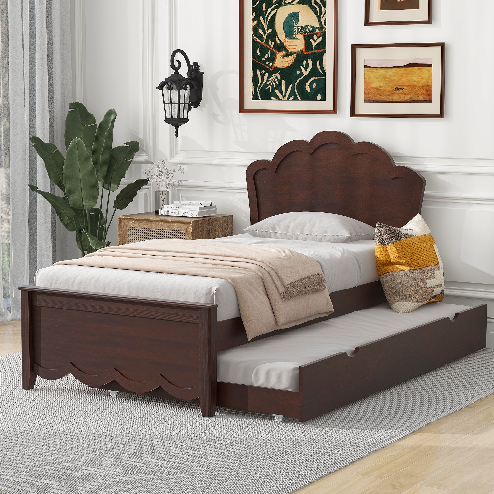 Twin Size Modern Wood Platform Bed with Headboard and Twin Size Trundle for Bedroom