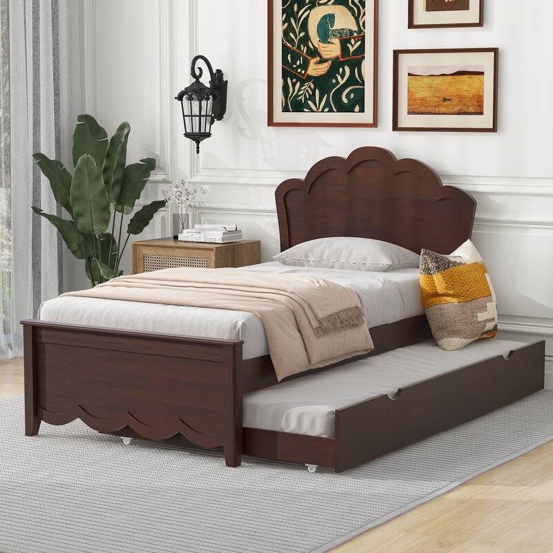 Wood Twin Bed with Trundle and Headboard, Solid Pine Frame, Space-Saving Design, Ideal for Guest Rooms