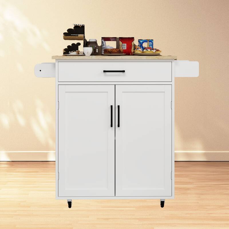 Farmhouse Style Rolling Kitchen Island with Rubber Wood Top, 1 Drawer, Storage Racks, and Locking Casters - White - White