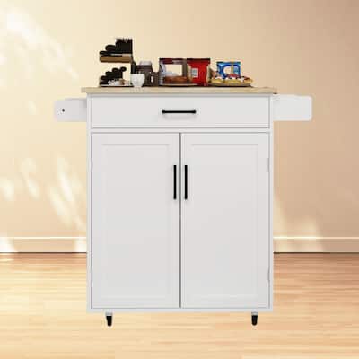 Farmhouse Style Rolling Kitchen Island with Rubber Wood Top, 1 Drawer, Storage Racks, and Locking Casters - White