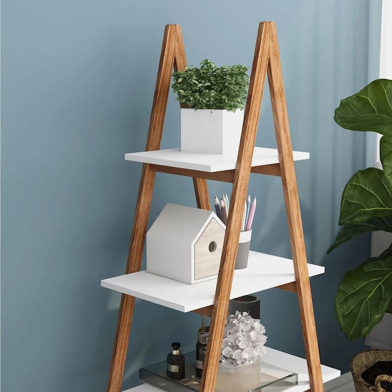 4 Tier A Frame Ladder Shelf 53.54"H white ladder shelf book display shelf with Bamboo Wood plant ladder small ladder shelf