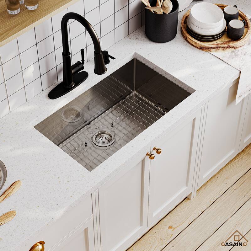 Stainless Steel Sink 16-Gauge Single Bowl Undermount Kitchen Sink in Brushed with Bottom Grid and Drainer