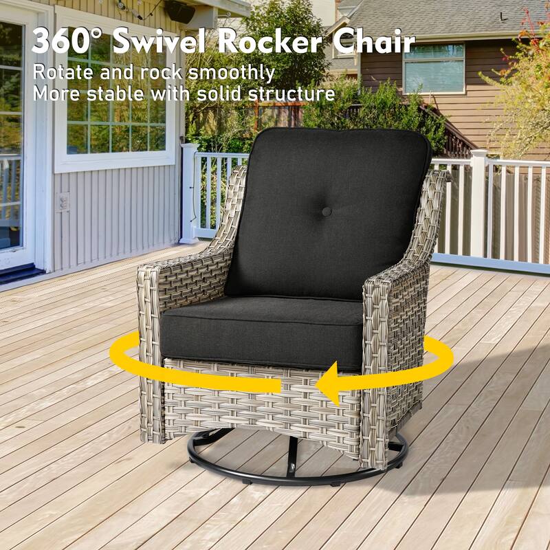 OVIOS 6 Pieces Outdoor Wicker Curved Swivel Chair Set With Fire Table