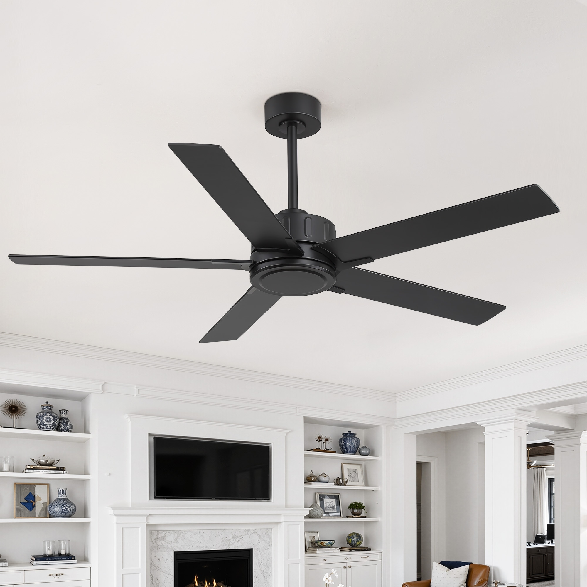 56-Inch Black Modern Ceiling Fan with Remote Control, 5 Black/Walnut Finish Blades, Quiet DC Motor, 6-Speed Indoor Fan - 56 in