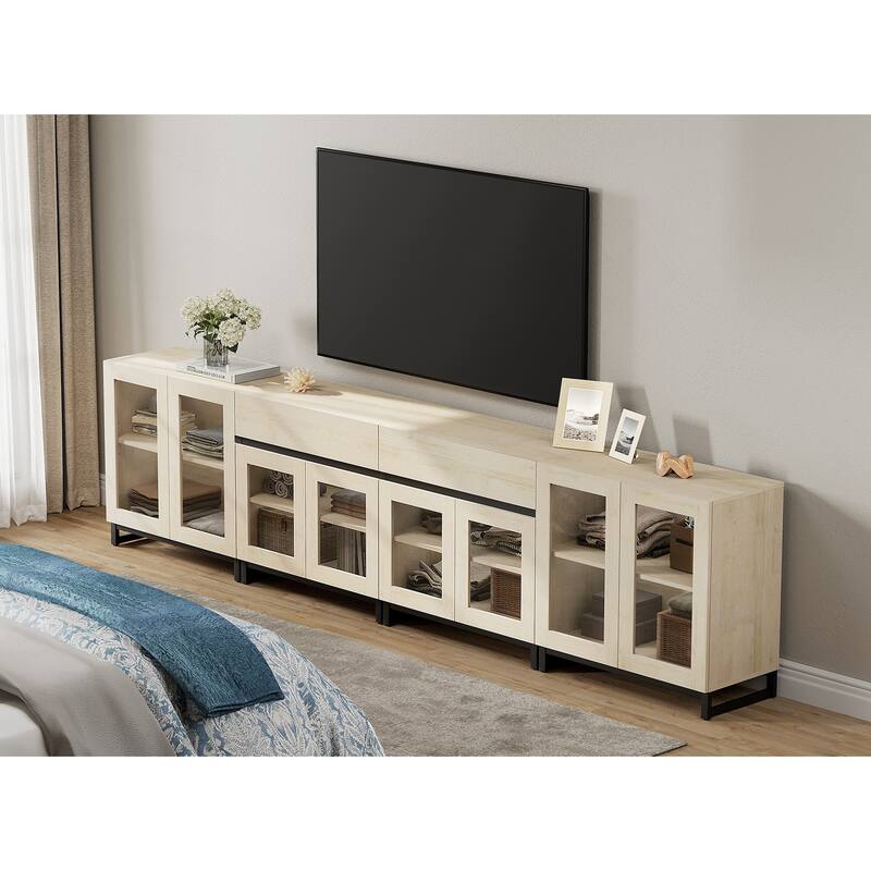 4-in-1 Modern Dresser with 2 Drawers & Glass Doors, Adjustable Shelf & Metal Base Storage Cabinet for Bedroom