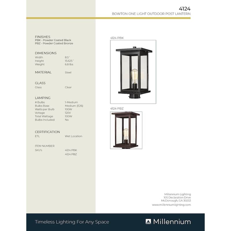 Millennium Lighting Bowton 1 Light Outdoor Post Lantern - 16 Inch - Powder Coat Bronze