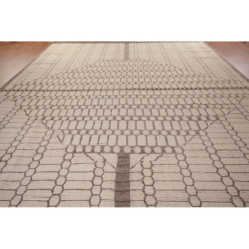 Geometric Ivory Moroccan Modern Large Area Rug Handmade Wool Carpet - 11'11"x 18'6"