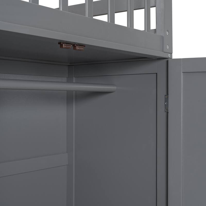 L-Shaped Bunk Bed, Twin-Twin Over Full Wood Bed with Wardrobe, Foldable Desk, Drawers and Shelves