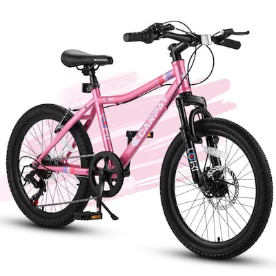 20-Inch Kids Mountain Bike with 7-Speed, Front Suspension, Disc & V-Brakes, for Ages 8-12, Ergonomic Steel Frame - Pink