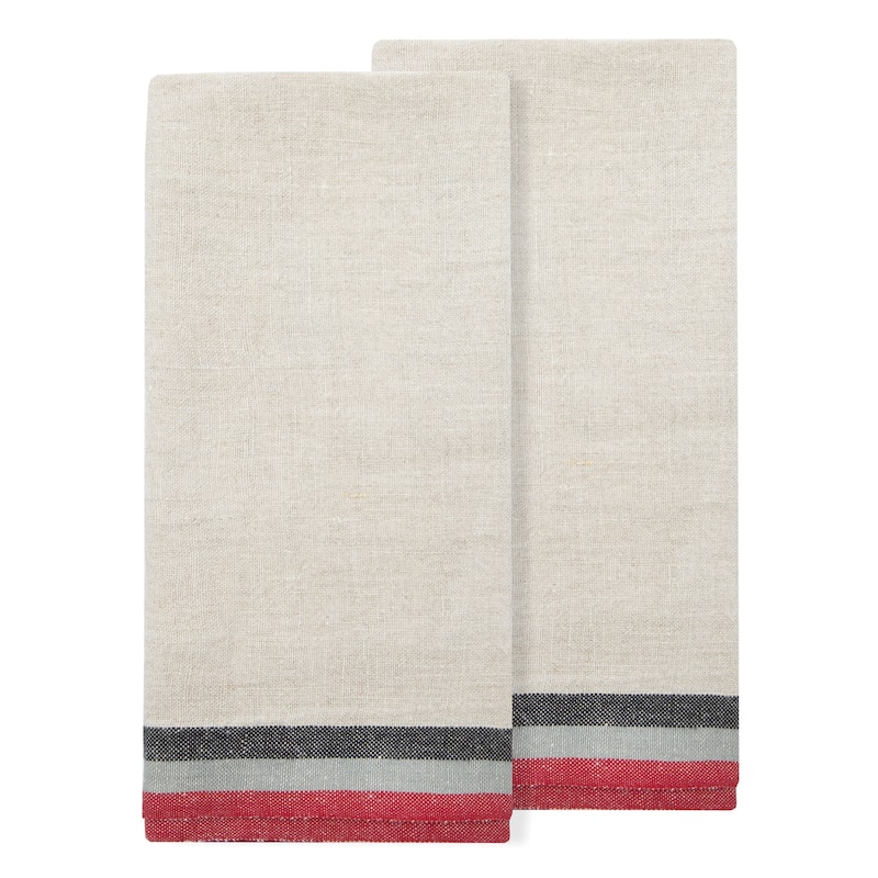 Caravan Normandy White Tea Towels - Set of 2 - 20 x 30" - Natural, Red, Grey, Black
