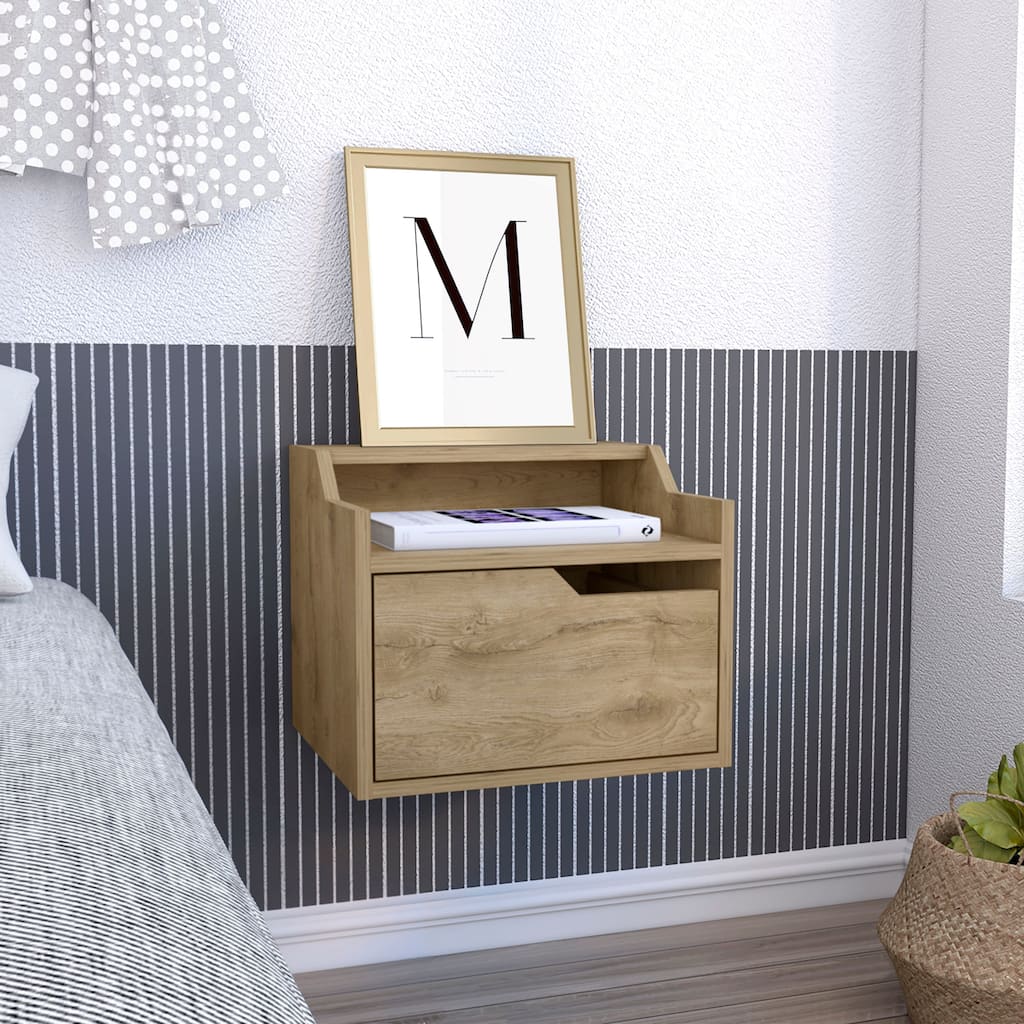 Floating Nightstand with Single Drawer and Two-Tiered Shelves, Modern End Table Design