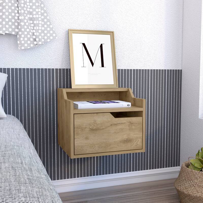 Modern Floating Nightstand , End Table, Side Table Single-Drawer Design with Sleek Two-Tiered Top Shelf Surfaces - Beige