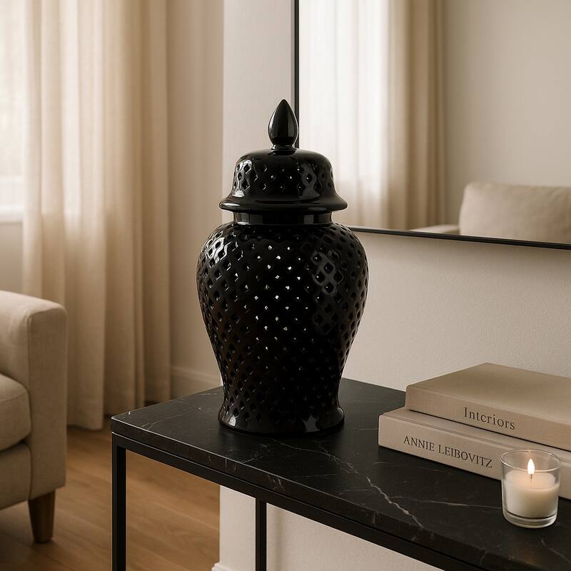 Modern Decorative Jar with Glossy Ceramic and Pierced Cutout Desig