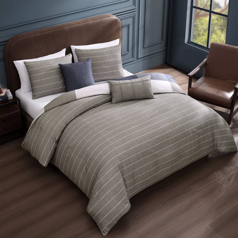 Bebejan Checkered Navy Tan 100% Cotton Sateen 5 Piece Reversible Comforter Set