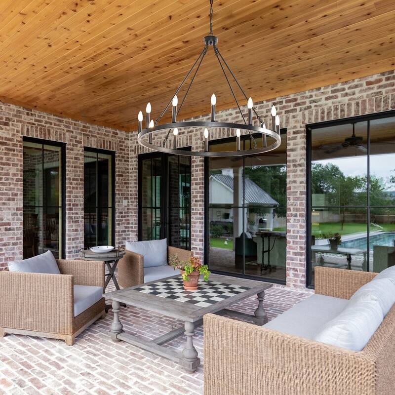 31In 12-Light Black Wagon Wheel Chandelier Farmhouse for Living Room - 31 inch